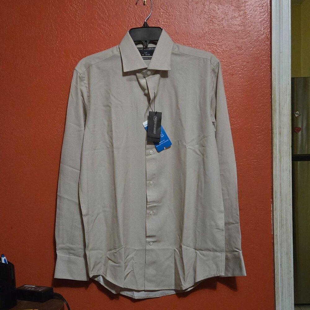 Report Collection Men’s Beige Herringbone Dress Shirt 15 32/33 Modern Fit